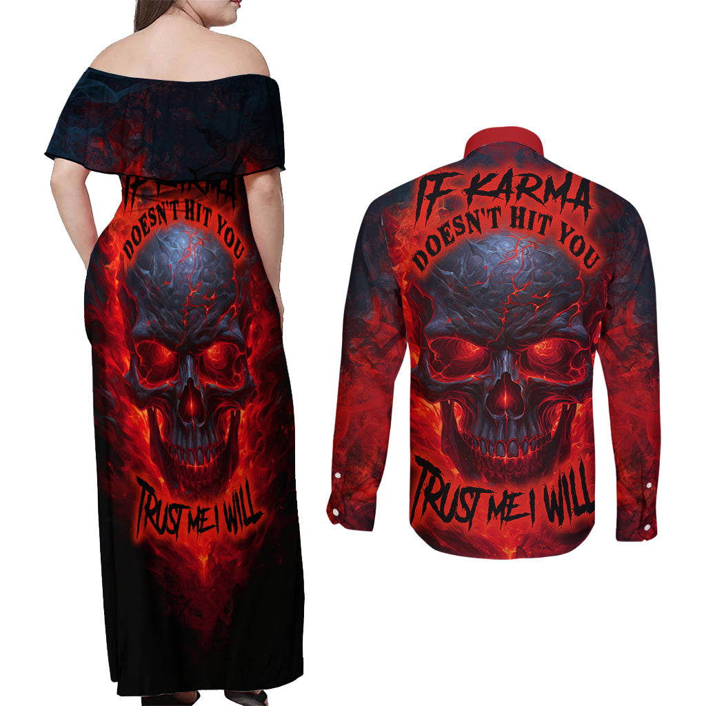 Horror Skull Couples Matching Off Shoulder Maxi Dress and Long Sleeve Button Shirts If Karma Doesn't Hit You Trust me I Will - Wonder Print Shop