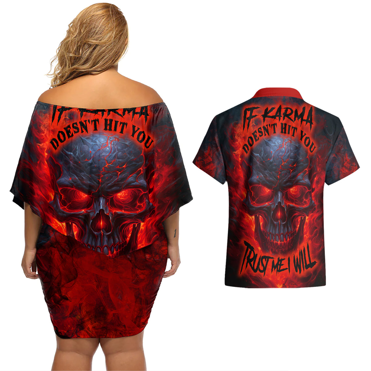 Horror Skull Couples Matching Off Shoulder Short Dress and Hawaiian Shirt If Karma Doesn't Hit You Trust me I Will - Wonder Print Shop