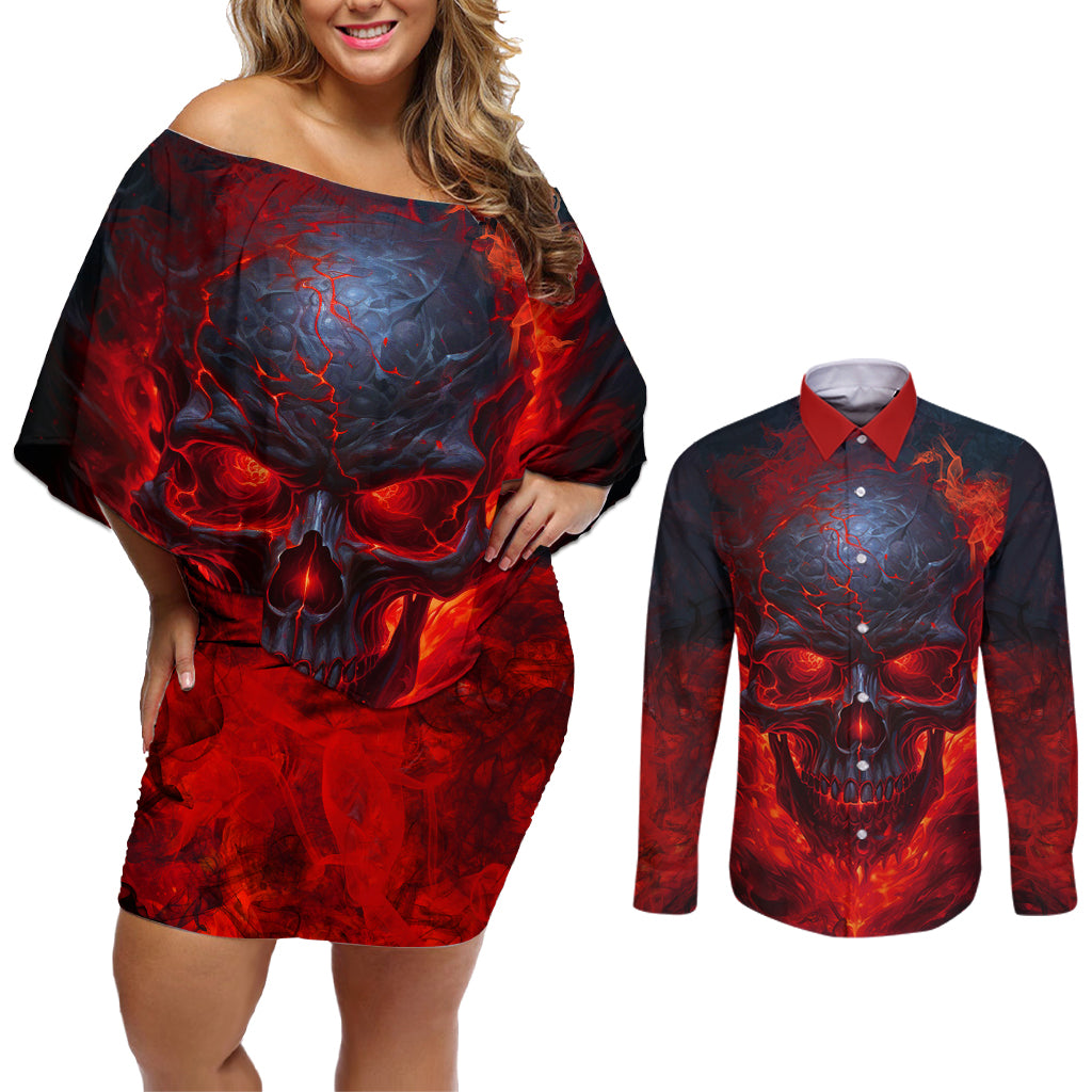 Horror Skull Couples Matching Off Shoulder Short Dress and Long Sleeve Button Shirts If Karma Doesn't Hit You Trust me I Will - Wonder Print Shop