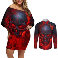 Horror Skull Couples Matching Off Shoulder Short Dress and Long Sleeve Button Shirts If Karma Doesn't Hit You Trust me I Will - Wonder Print Shop