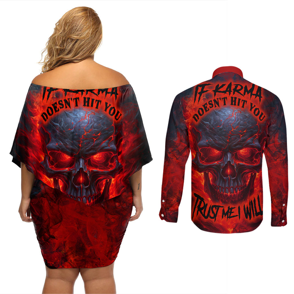 Horror Skull Couples Matching Off Shoulder Short Dress and Long Sleeve Button Shirts If Karma Doesn't Hit You Trust me I Will - Wonder Print Shop
