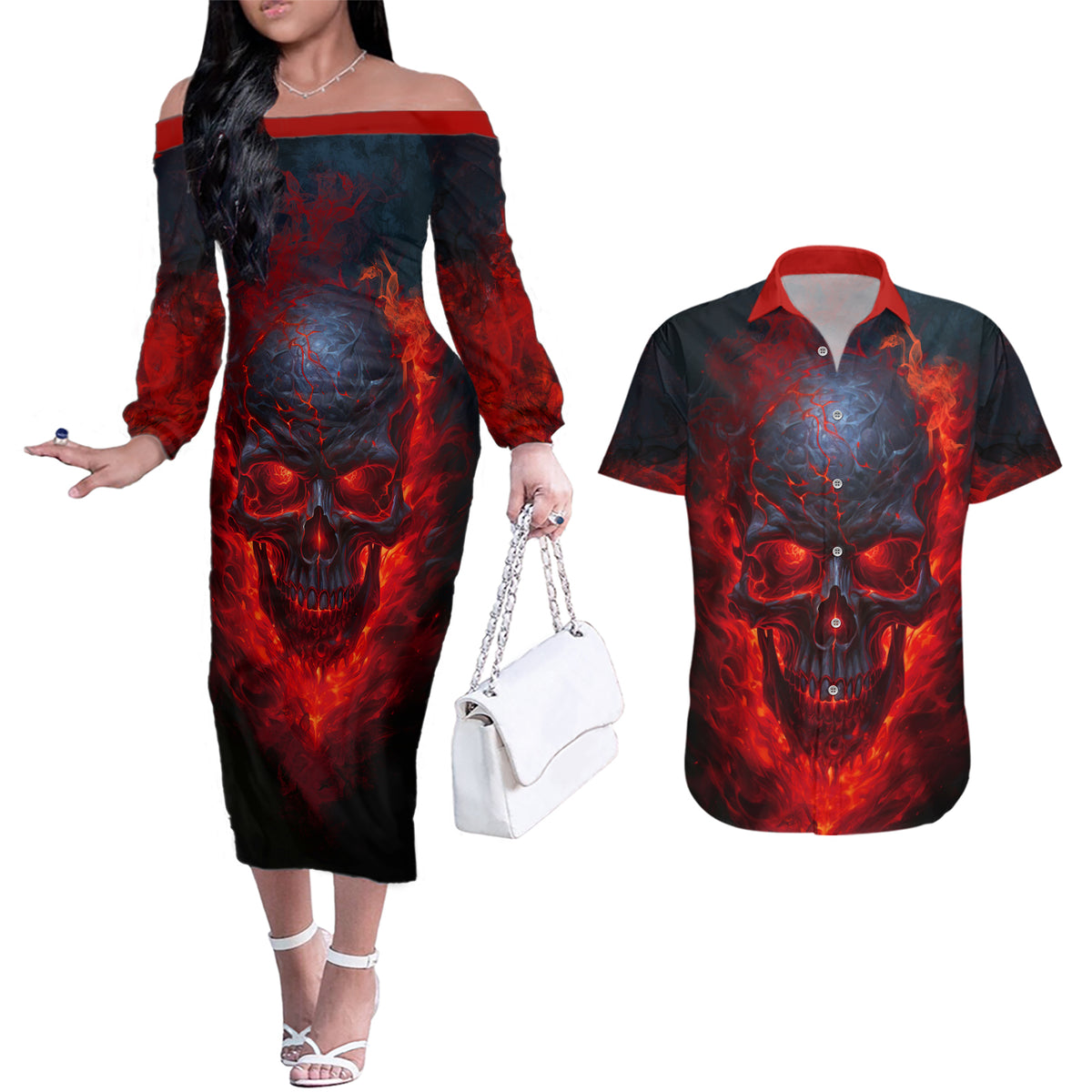 Horror Skull Couples Matching Off The Shoulder Long Sleeve Dress and Hawaiian Shirt If Karma Doesn't Hit You Trust me I Will - Wonder Print Shop