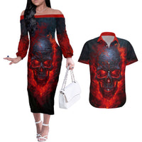 Horror Skull Couples Matching Off The Shoulder Long Sleeve Dress and Hawaiian Shirt If Karma Doesn't Hit You Trust me I Will - Wonder Print Shop
