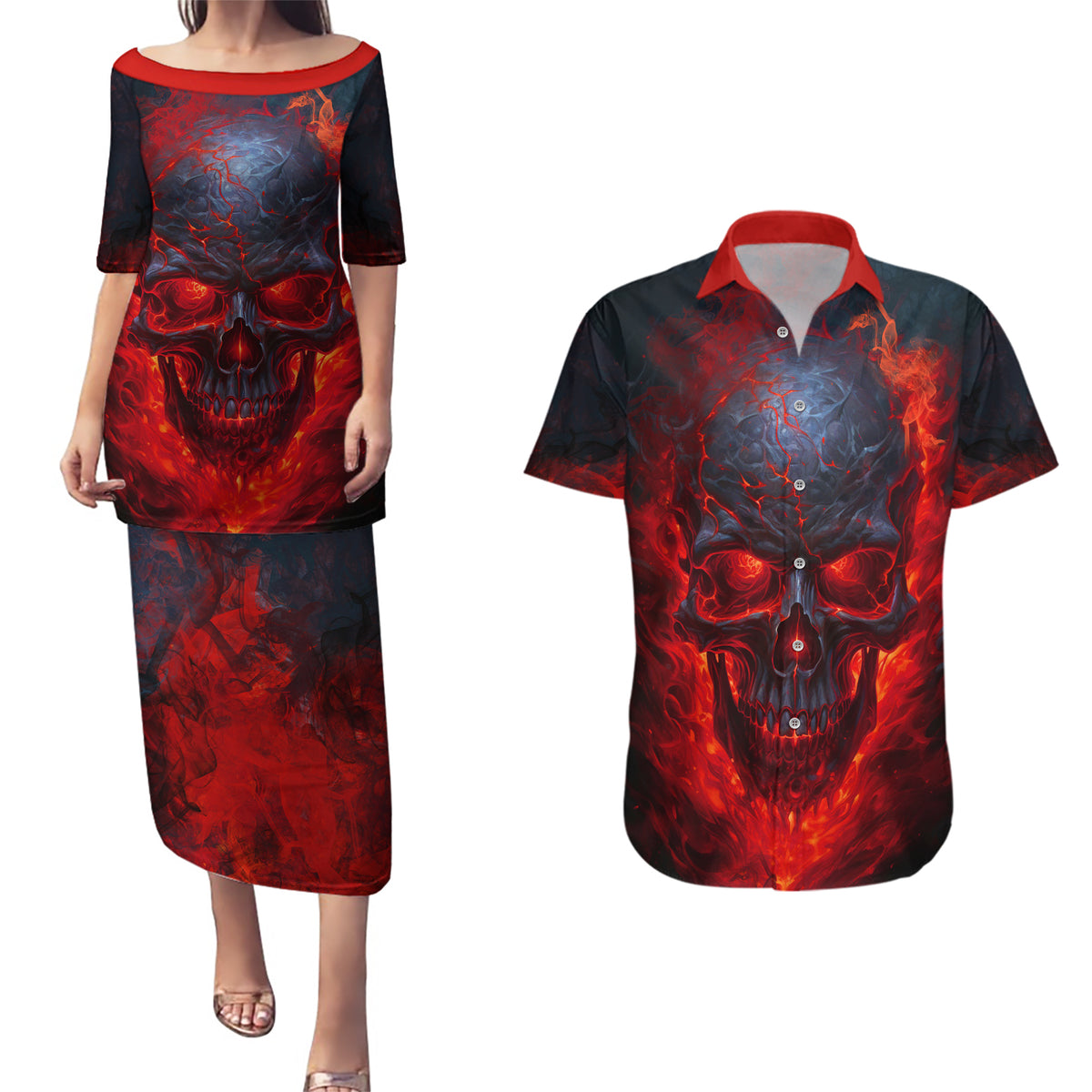 Horror Skull Couples Matching Puletasi Dress and Hawaiian Shirt If Karma Doesn't Hit You Trust me I Will - Wonder Print Shop