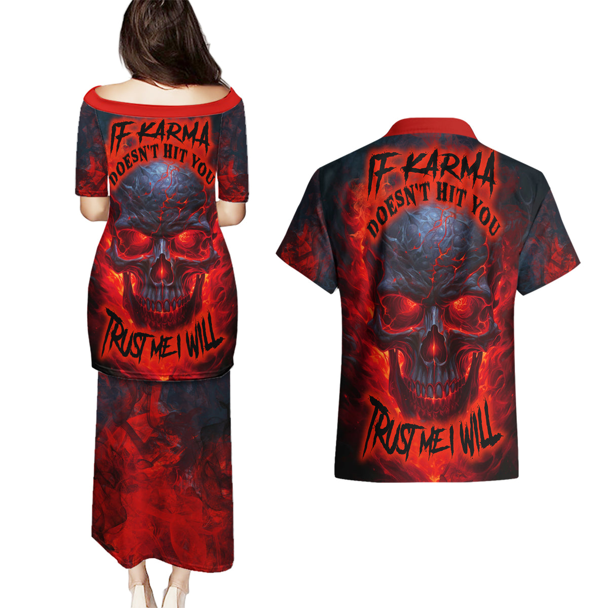 Horror Skull Couples Matching Puletasi Dress and Hawaiian Shirt If Karma Doesn't Hit You Trust me I Will - Wonder Print Shop