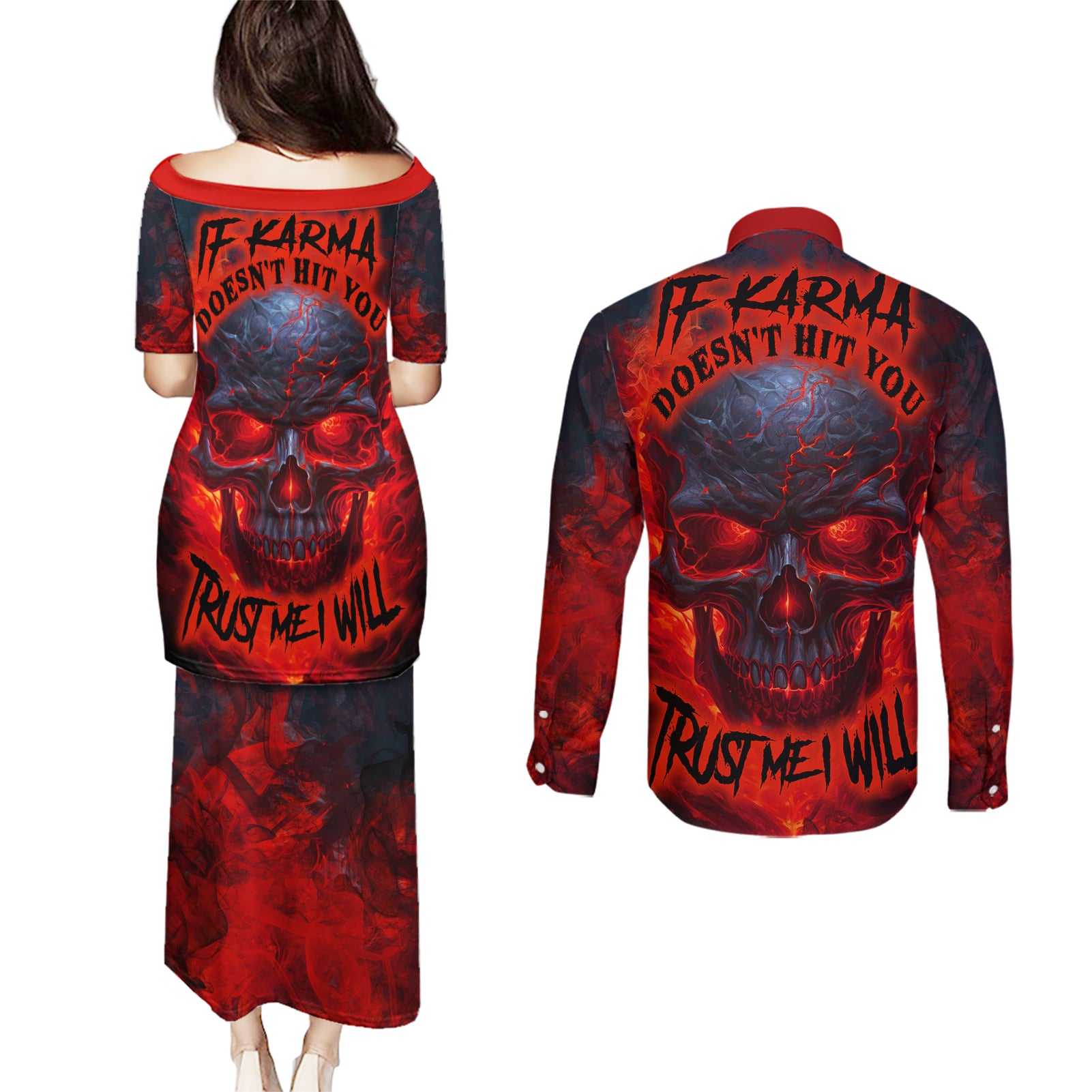 Horror Skull Couples Matching Puletasi Dress and Long Sleeve Button Shirts If Karma Doesn't Hit You Trust me I Will - Wonder Print Shop