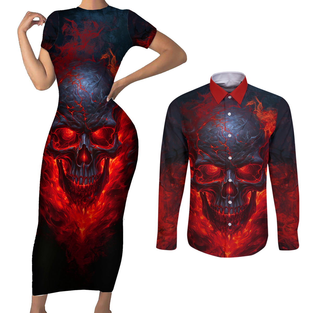 Horror Skull Couples Matching Short Sleeve Bodycon Dress and Long Sleeve Button Shirts If Karma Doesn't Hit You Trust me I Will - Wonder Print Shop
