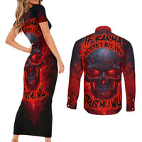 Horror Skull Couples Matching Short Sleeve Bodycon Dress and Long Sleeve Button Shirts If Karma Doesn't Hit You Trust me I Will - Wonder Print Shop
