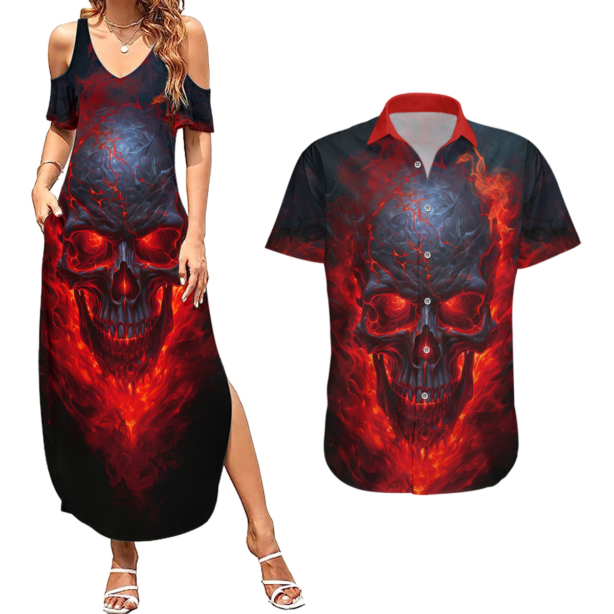 Horror Skull Couples Matching Summer Maxi Dress and Hawaiian Shirt If Karma Doesn't Hit You Trust me I Will - Wonder Print Shop