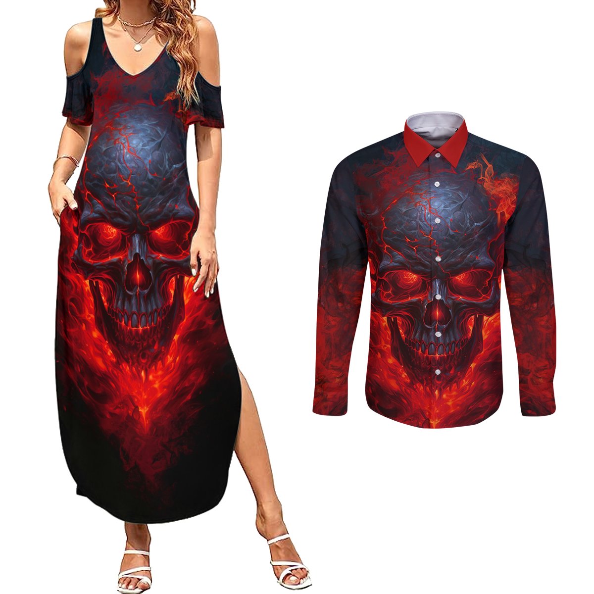 Horror Skull Couples Matching Summer Maxi Dress and Long Sleeve Button Shirts If Karma Doesn't Hit You Trust me I Will - Wonder Print Shop