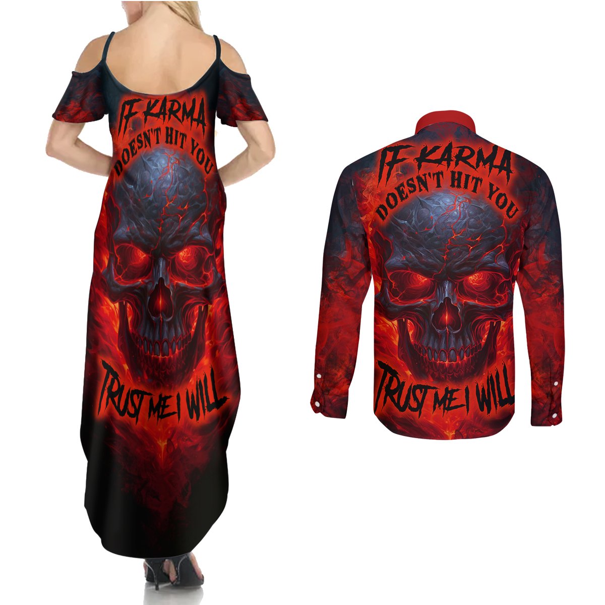 Horror Skull Couples Matching Summer Maxi Dress and Long Sleeve Button Shirts If Karma Doesn't Hit You Trust me I Will - Wonder Print Shop