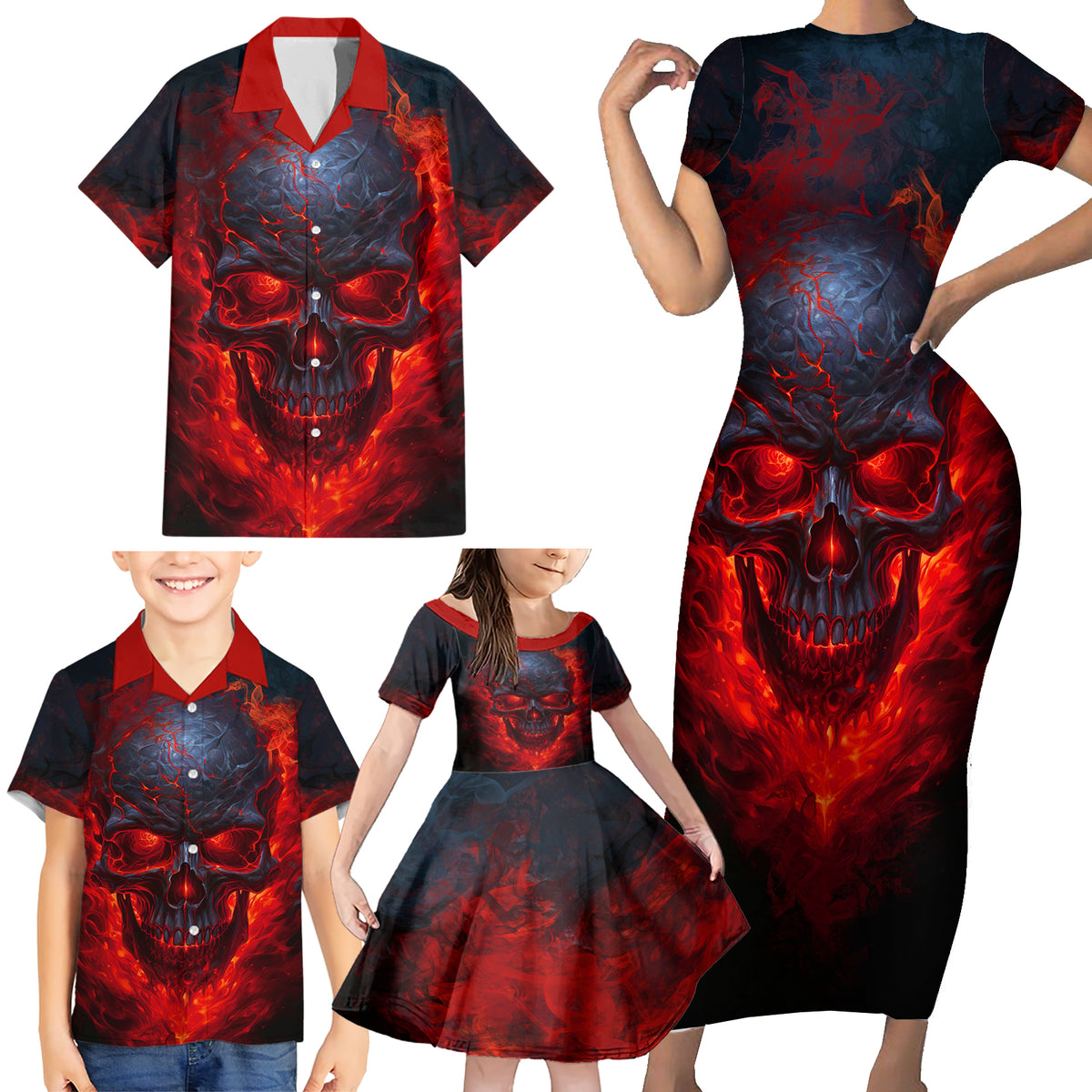 Horror Skull Family Matching Short Sleeve Bodycon Dress and Hawaiian Shirt If Karma Doesn't Hit You Trust me I Will - Wonder Print Shop
