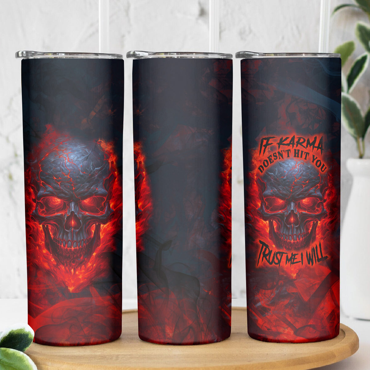Horror Skull Skinny Tumbler If Karma Doesn't Hit You Trust me I Will - Wonder Print Shop
