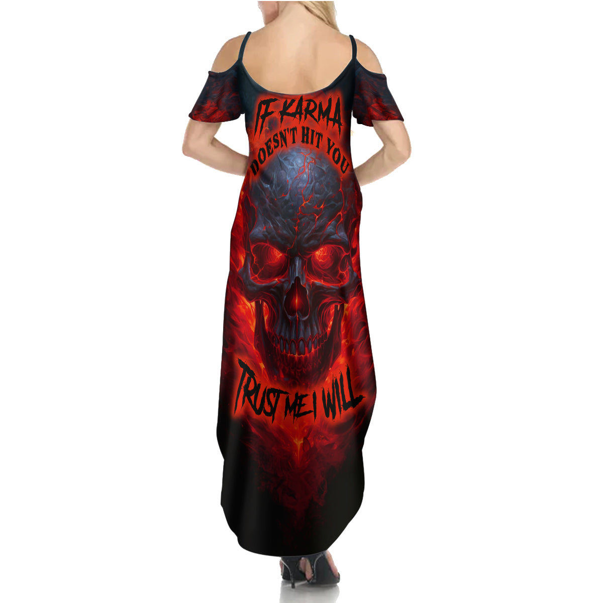 Horror Skull Summer Maxi Dress If Karma Doesn't Hit You Trust me I Will - Wonder Print Shop