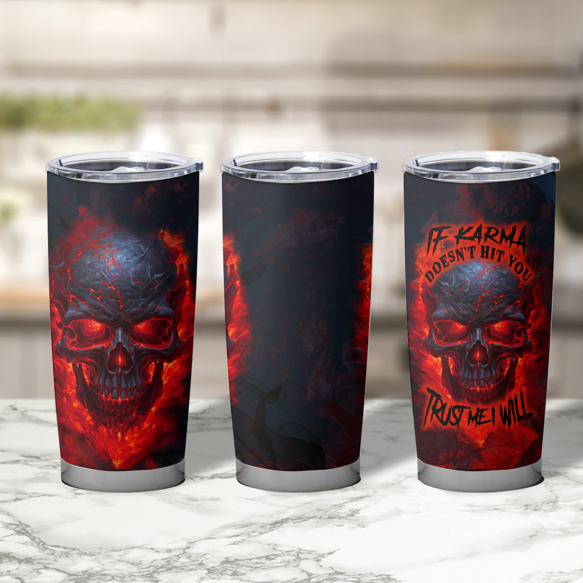 Horror Skull Tumbler Cup If Karma Doesn't Hit You Trust me I Will - Wonder Print Shop