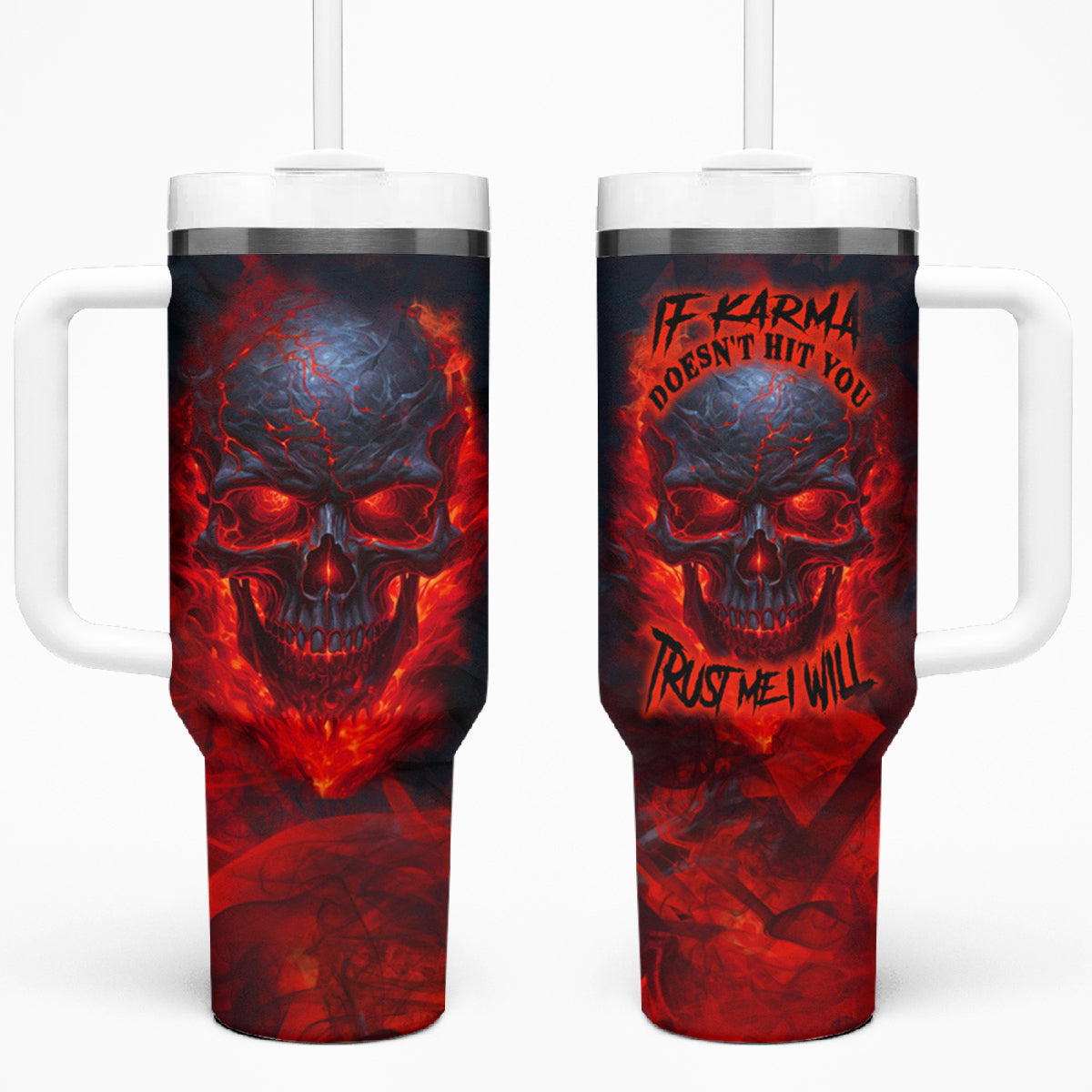 Horror Skull Tumbler With Handle If Karma Doesn't Hit You Trust me I Will - Wonder Print Shop