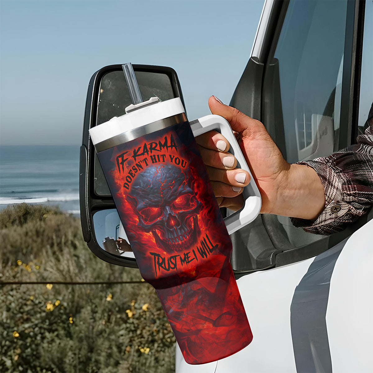 Horror Skull Tumbler With Handle If Karma Doesn't Hit You Trust me I Will - Wonder Print Shop