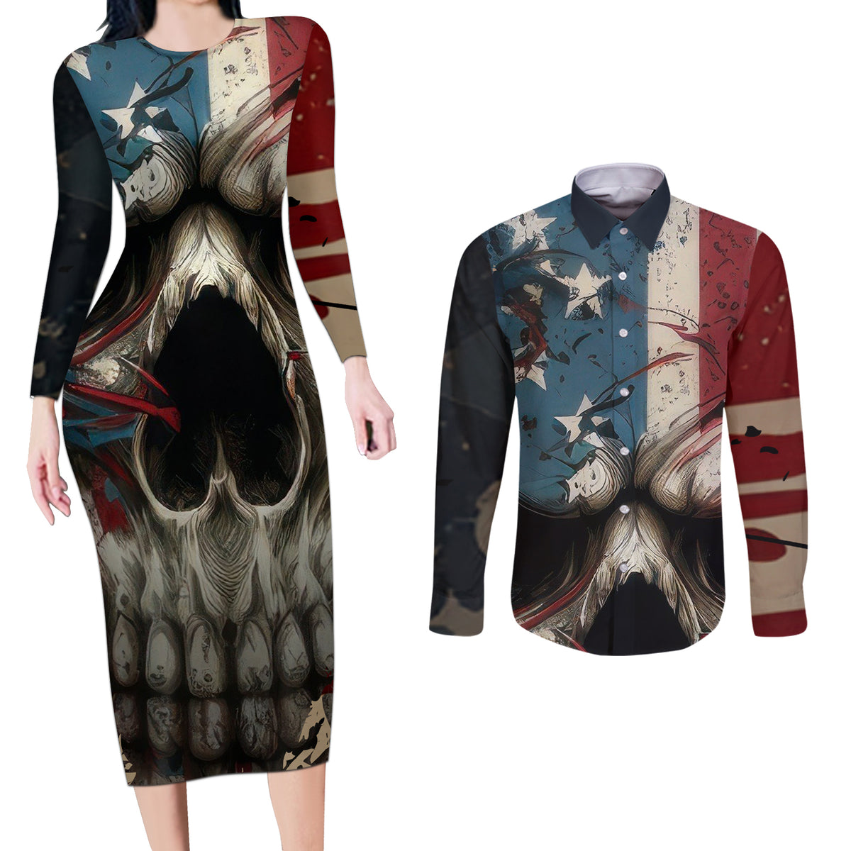 American Flag Skull Couples Matching Long Sleeve Bodycon Dress and Long Sleeve Button Shirts I'm Not Anti - Social I'm Just Not User Friendly - Wonder Print Shop