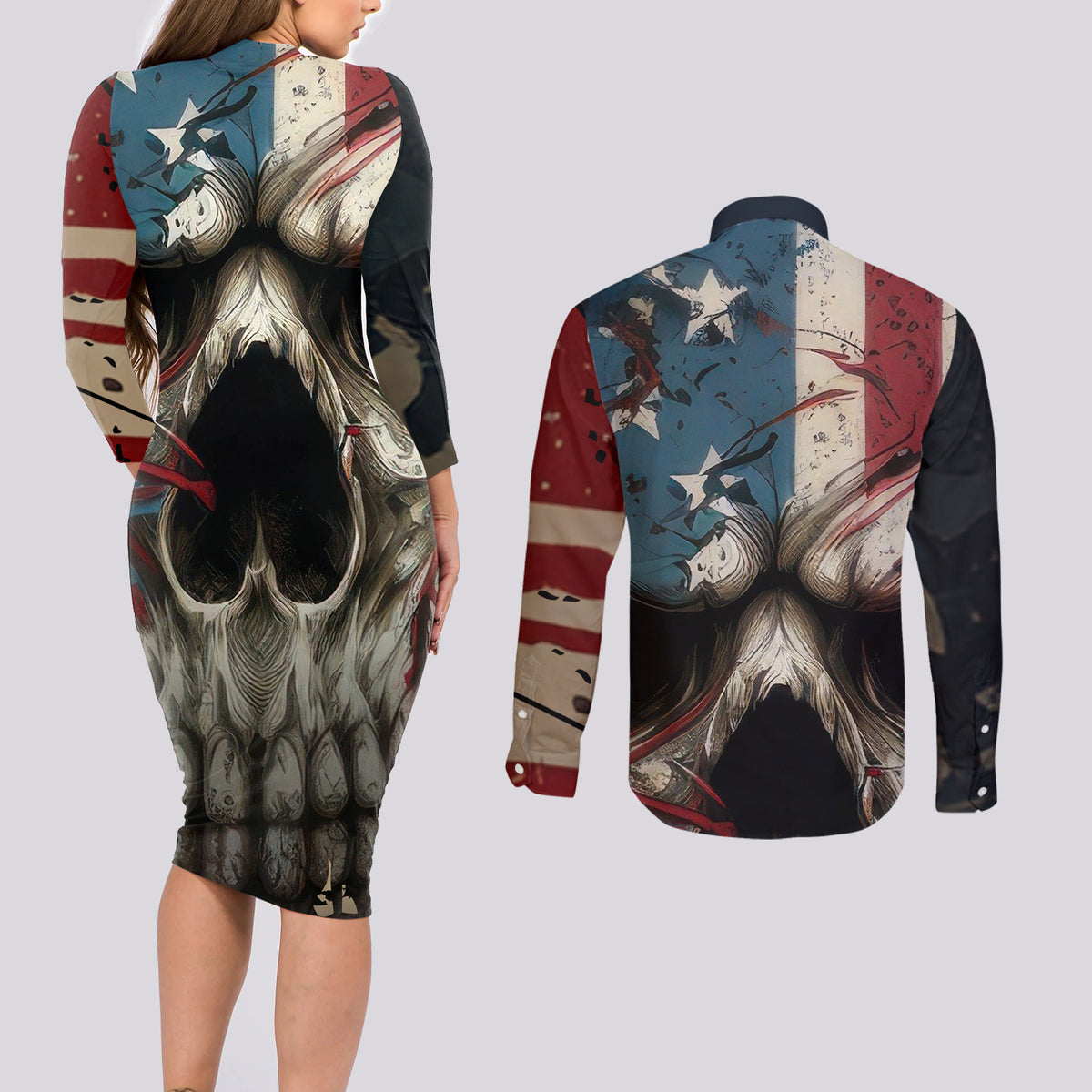 American Flag Skull Couples Matching Long Sleeve Bodycon Dress and Long Sleeve Button Shirts I'm Not Anti - Social I'm Just Not User Friendly - Wonder Print Shop