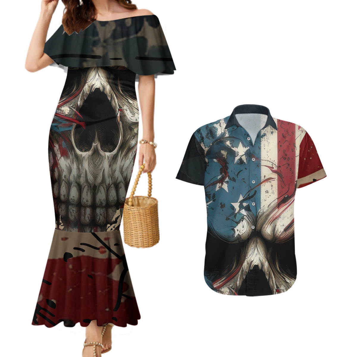 American Flag Skull Couples Matching Mermaid Dress and Hawaiian Shirt I'm Not Anti - Social I'm Just Not User Friendly - Wonder Print Shop