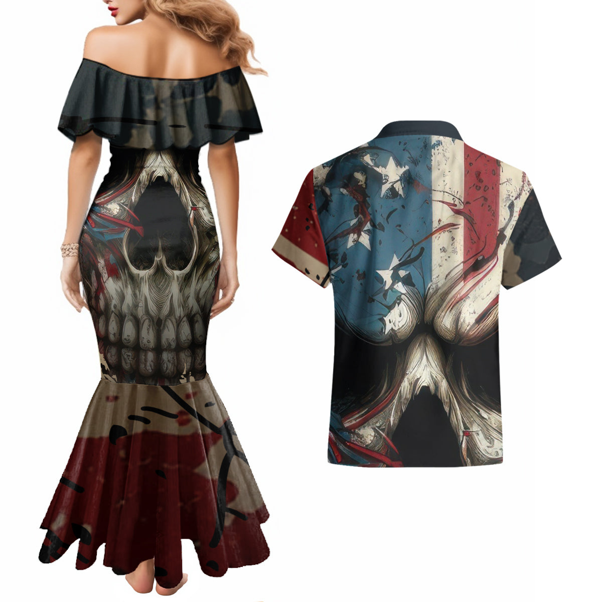 American Flag Skull Couples Matching Mermaid Dress and Hawaiian Shirt I'm Not Anti - Social I'm Just Not User Friendly - Wonder Print Shop
