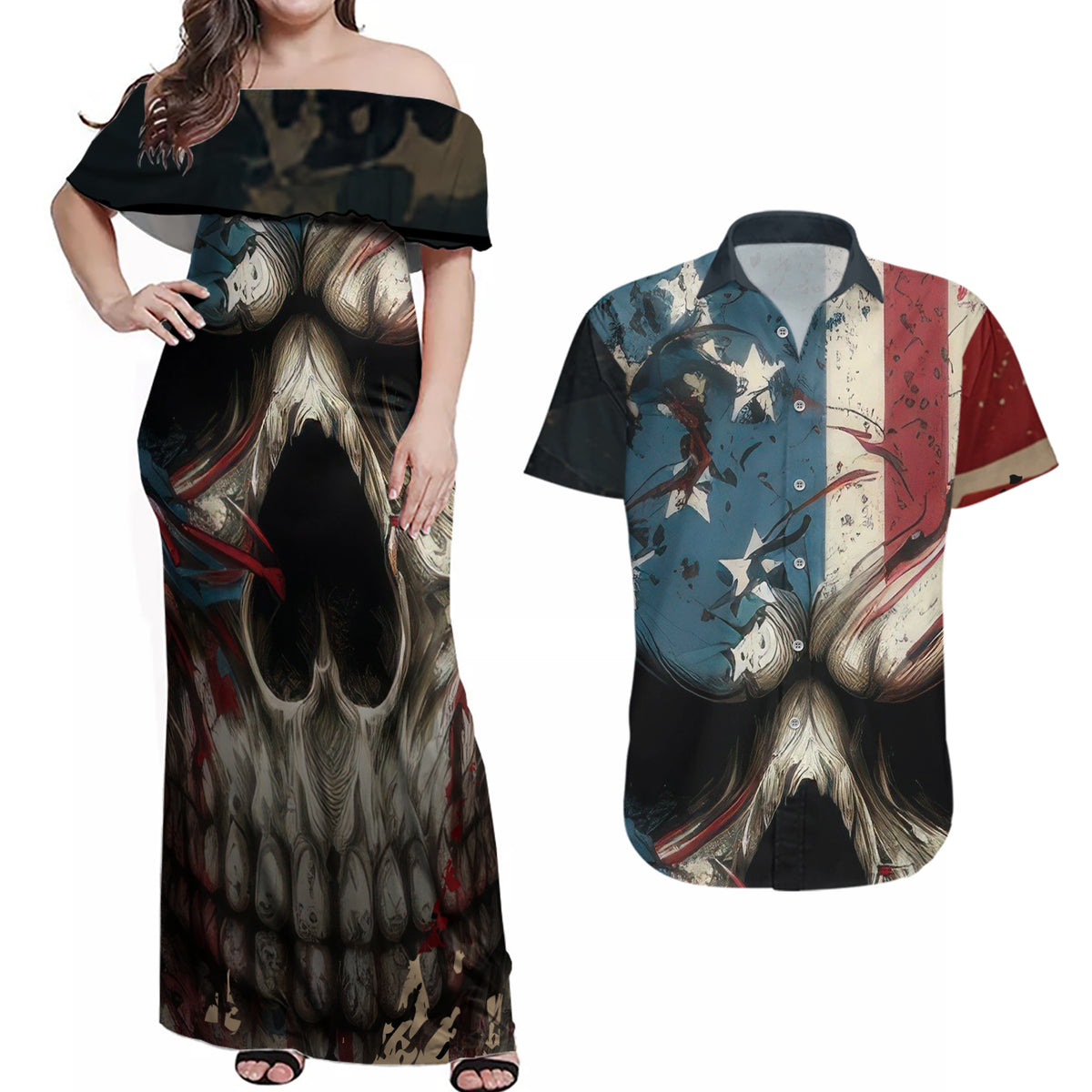 American Flag Skull Couples Matching Off Shoulder Maxi Dress and Hawaiian Shirt I'm Not Anti - Social I'm Just Not User Friendly - Wonder Print Shop