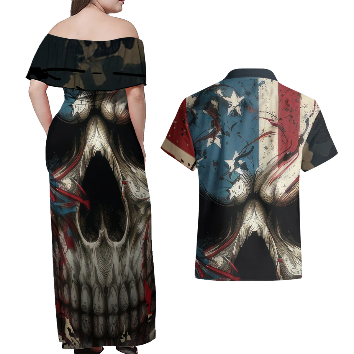 American Flag Skull Couples Matching Off Shoulder Maxi Dress and Hawaiian Shirt I'm Not Anti - Social I'm Just Not User Friendly - Wonder Print Shop