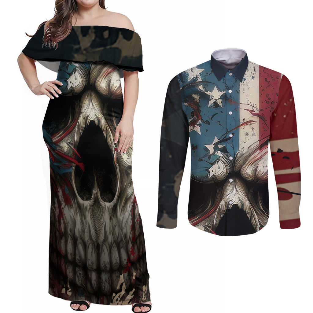 American Flag Skull Couples Matching Off Shoulder Maxi Dress and Long Sleeve Button Shirts I'm Not Anti - Social I'm Just Not User Friendly - Wonder Print Shop