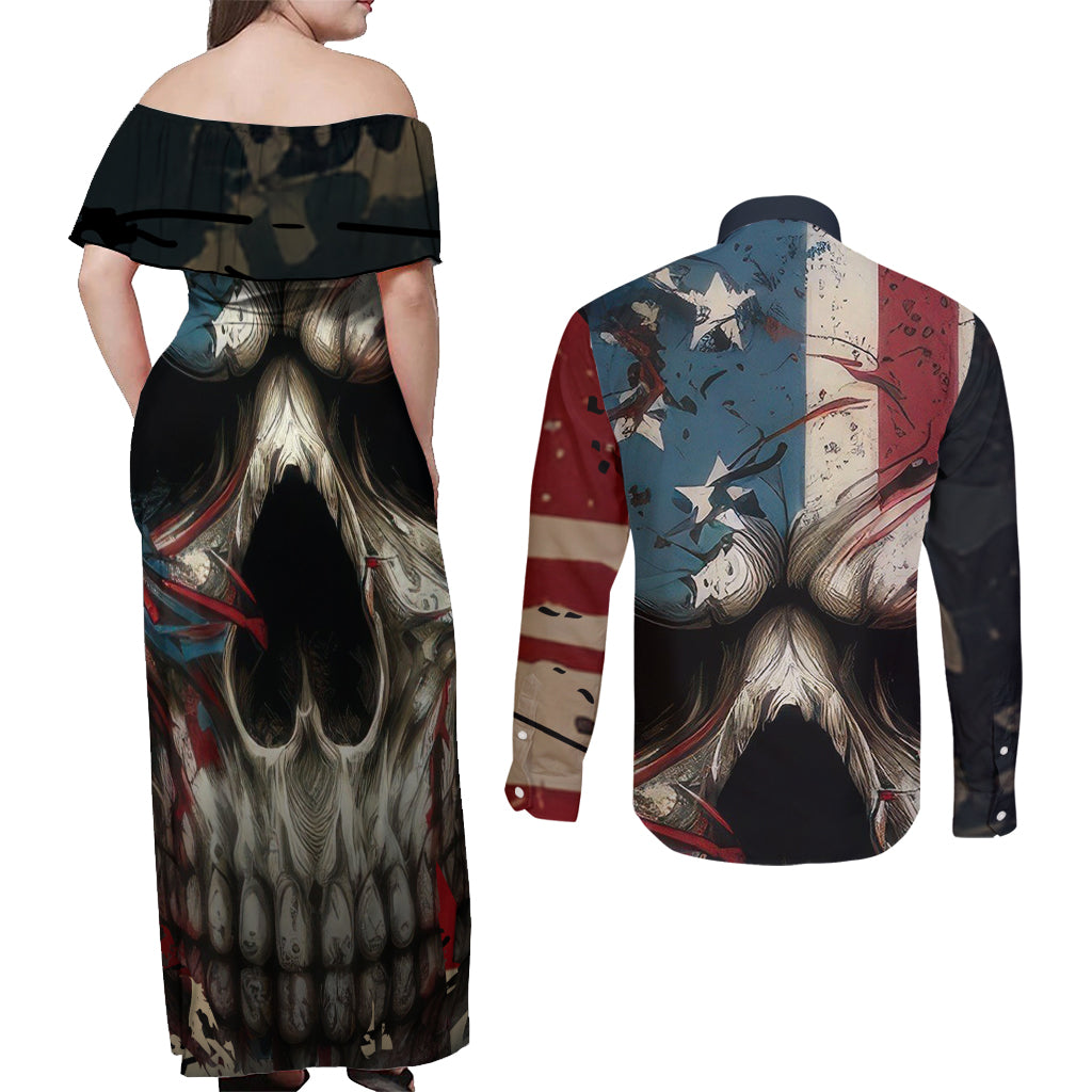 American Flag Skull Couples Matching Off Shoulder Maxi Dress and Long Sleeve Button Shirts I'm Not Anti - Social I'm Just Not User Friendly - Wonder Print Shop