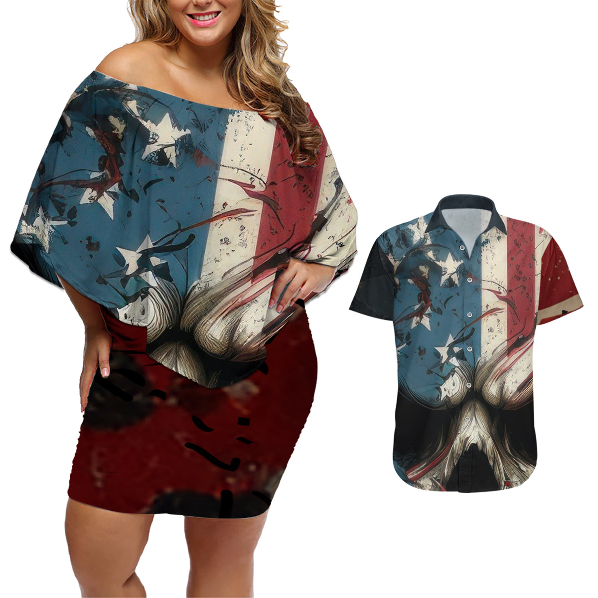 American Flag Skull Couples Matching Off Shoulder Short Dress and Hawaiian Shirt I'm Not Anti - Social I'm Just Not User Friendly - Wonder Print Shop