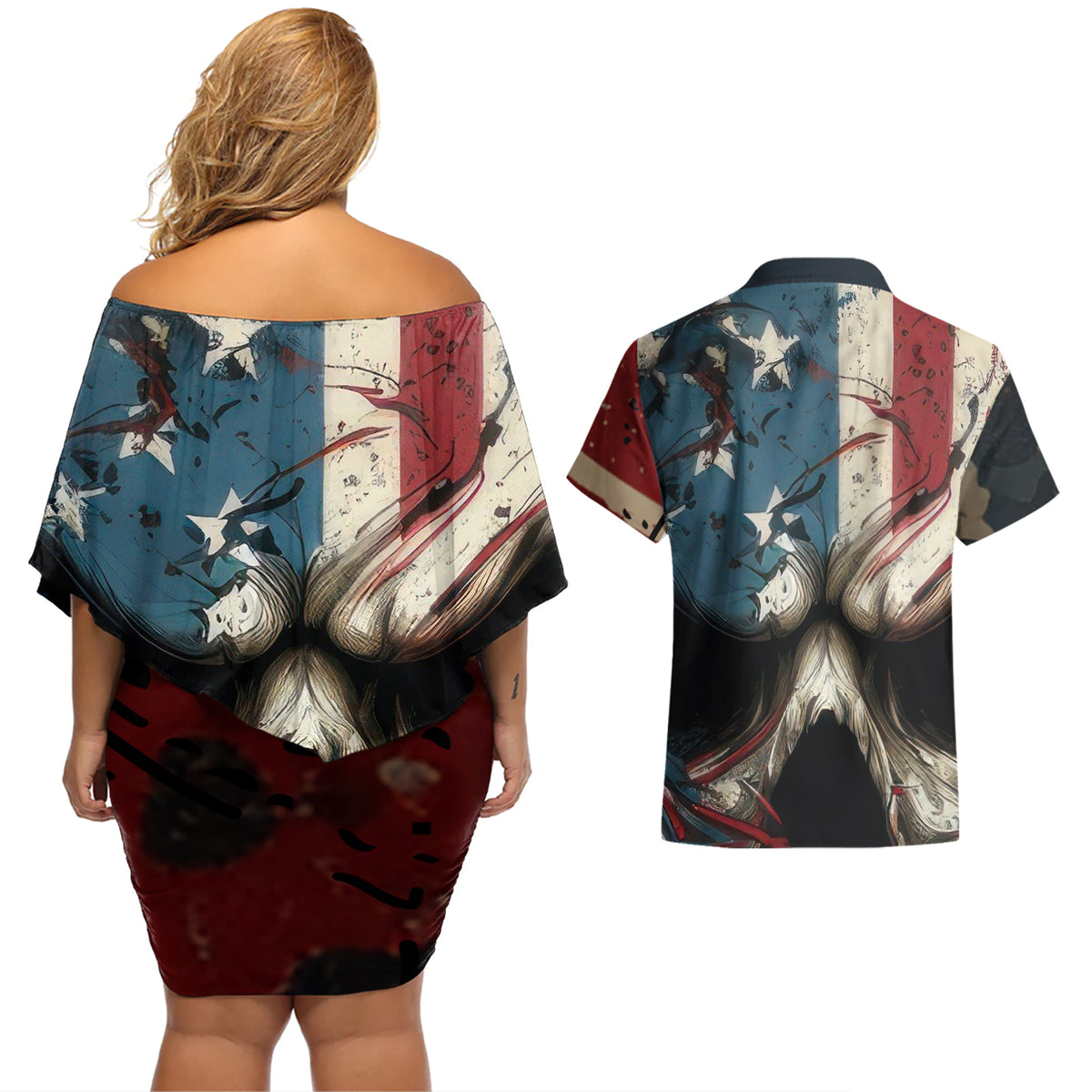 American Flag Skull Couples Matching Off Shoulder Short Dress and Hawaiian Shirt I'm Not Anti - Social I'm Just Not User Friendly - Wonder Print Shop