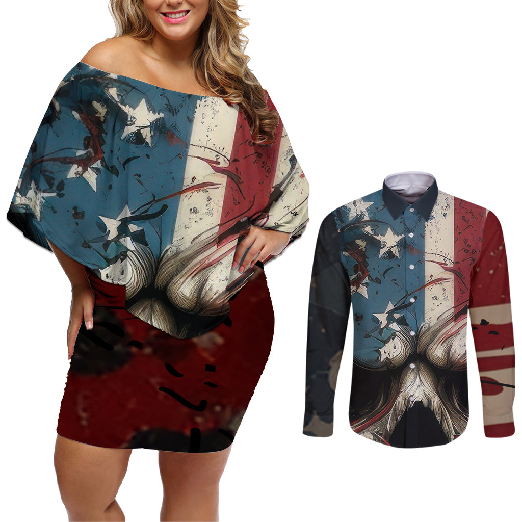 American Flag Skull Couples Matching Off Shoulder Short Dress and Long Sleeve Button Shirts I'm Not Anti - Social I'm Just Not User Friendly - Wonder Print Shop