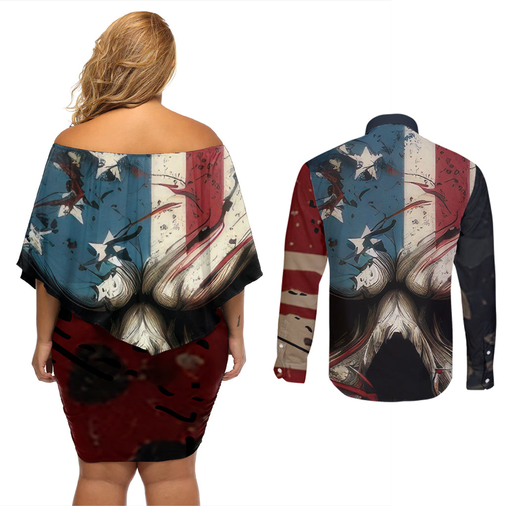 American Flag Skull Couples Matching Off Shoulder Short Dress and Long Sleeve Button Shirts I'm Not Anti - Social I'm Just Not User Friendly - Wonder Print Shop