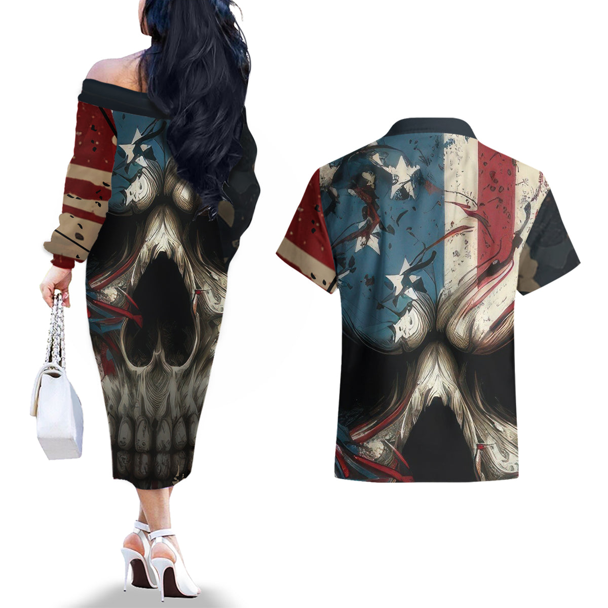 American Flag Skull Couples Matching Off The Shoulder Long Sleeve Dress and Hawaiian Shirt I'm Not Anti - Social I'm Just Not User Friendly - Wonder Print Shop