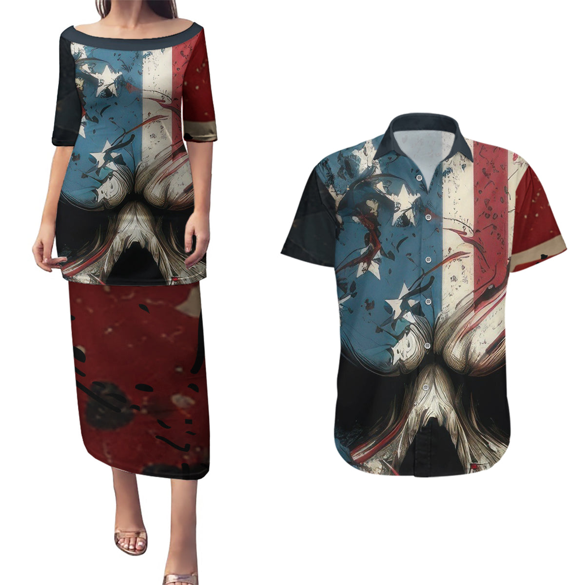 American Flag Skull Couples Matching Puletasi Dress and Hawaiian Shirt I'm Not Anti - Social I'm Just Not User Friendly - Wonder Print Shop