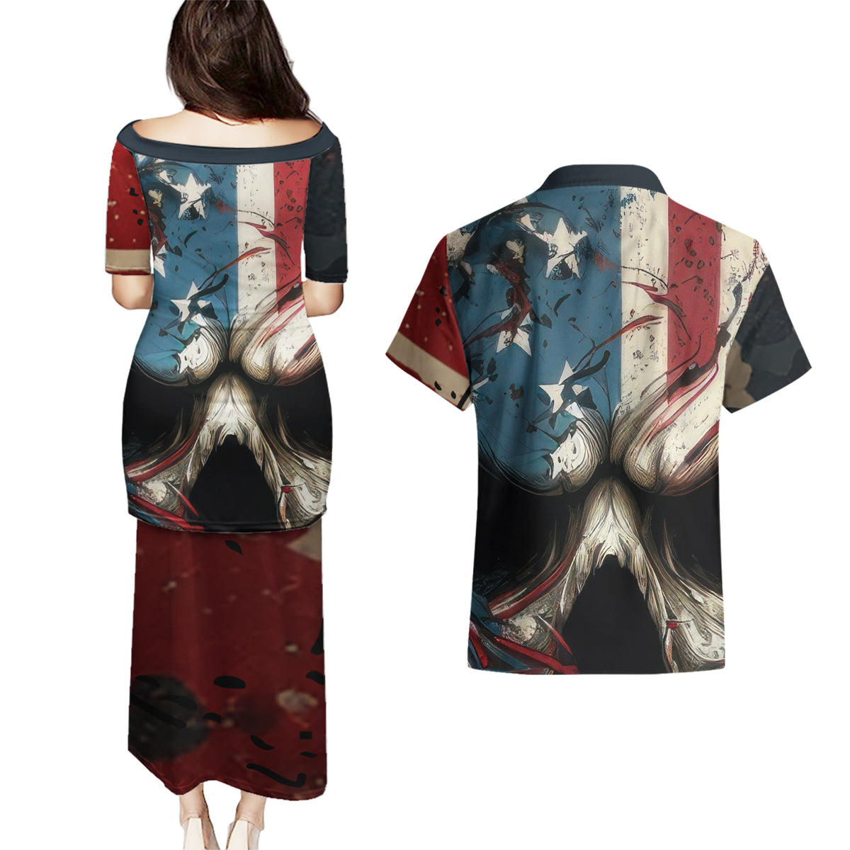 American Flag Skull Couples Matching Puletasi Dress and Hawaiian Shirt I'm Not Anti - Social I'm Just Not User Friendly - Wonder Print Shop