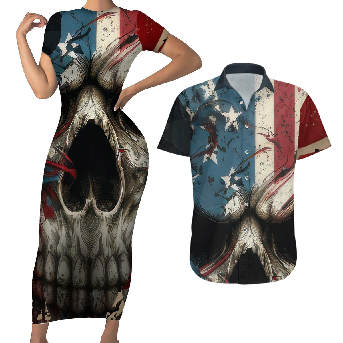 American Flag Skull Couples Matching Short Sleeve Bodycon Dress and Hawaiian Shirt I'm Not Anti - Social I'm Just Not User Friendly - Wonder Print Shop