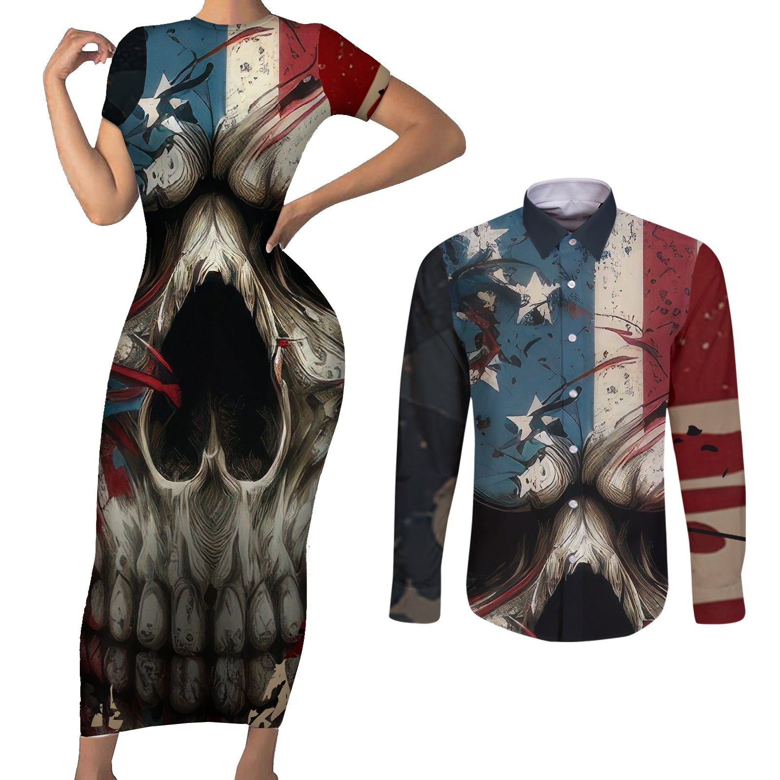 American Flag Skull Couples Matching Short Sleeve Bodycon Dress and Long Sleeve Button Shirts I'm Not Anti - Social I'm Just Not User Friendly - Wonder Print Shop