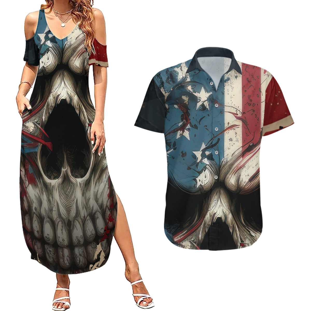 American Flag Skull Couples Matching Summer Maxi Dress and Hawaiian Shirt I'm Not Anti - Social I'm Just Not User Friendly - Wonder Print Shop