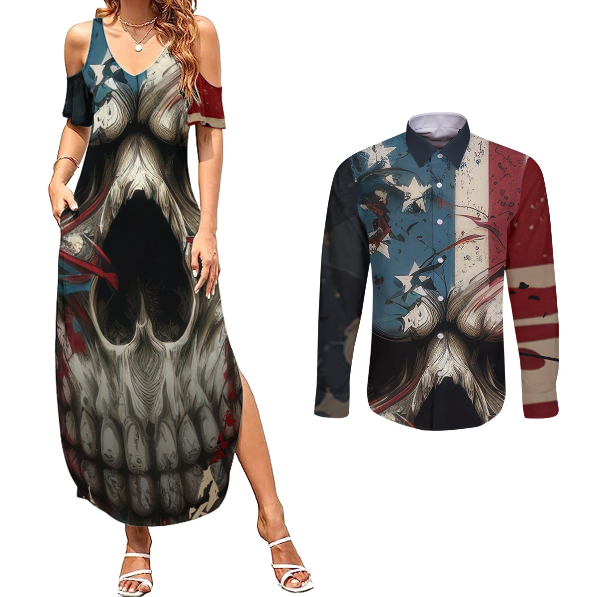 American Flag Skull Couples Matching Summer Maxi Dress and Long Sleeve Button Shirts I'm Not Anti - Social I'm Just Not User Friendly - Wonder Print Shop