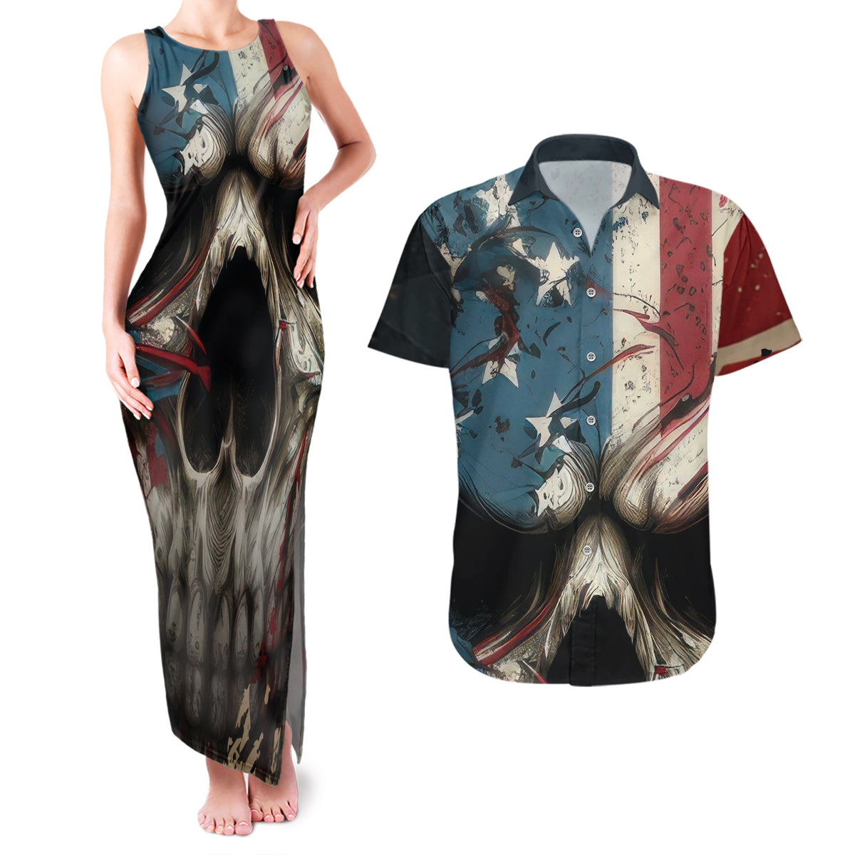 American Flag Skull Couples Matching Tank Maxi Dress and Hawaiian Shirt I'm Not Anti - Social I'm Just Not User Friendly - Wonder Print Shop