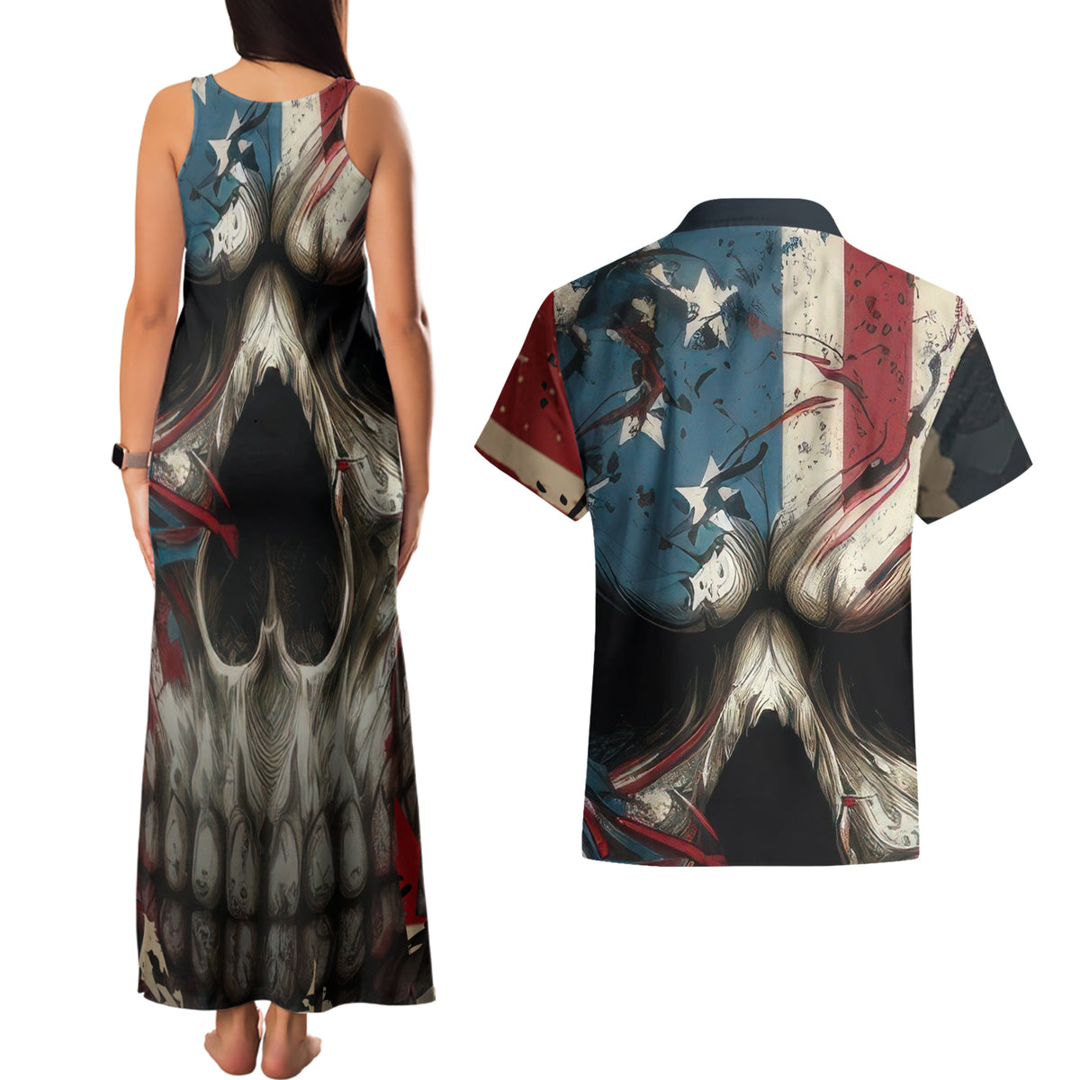 American Flag Skull Couples Matching Tank Maxi Dress and Hawaiian Shirt I'm Not Anti - Social I'm Just Not User Friendly - Wonder Print Shop