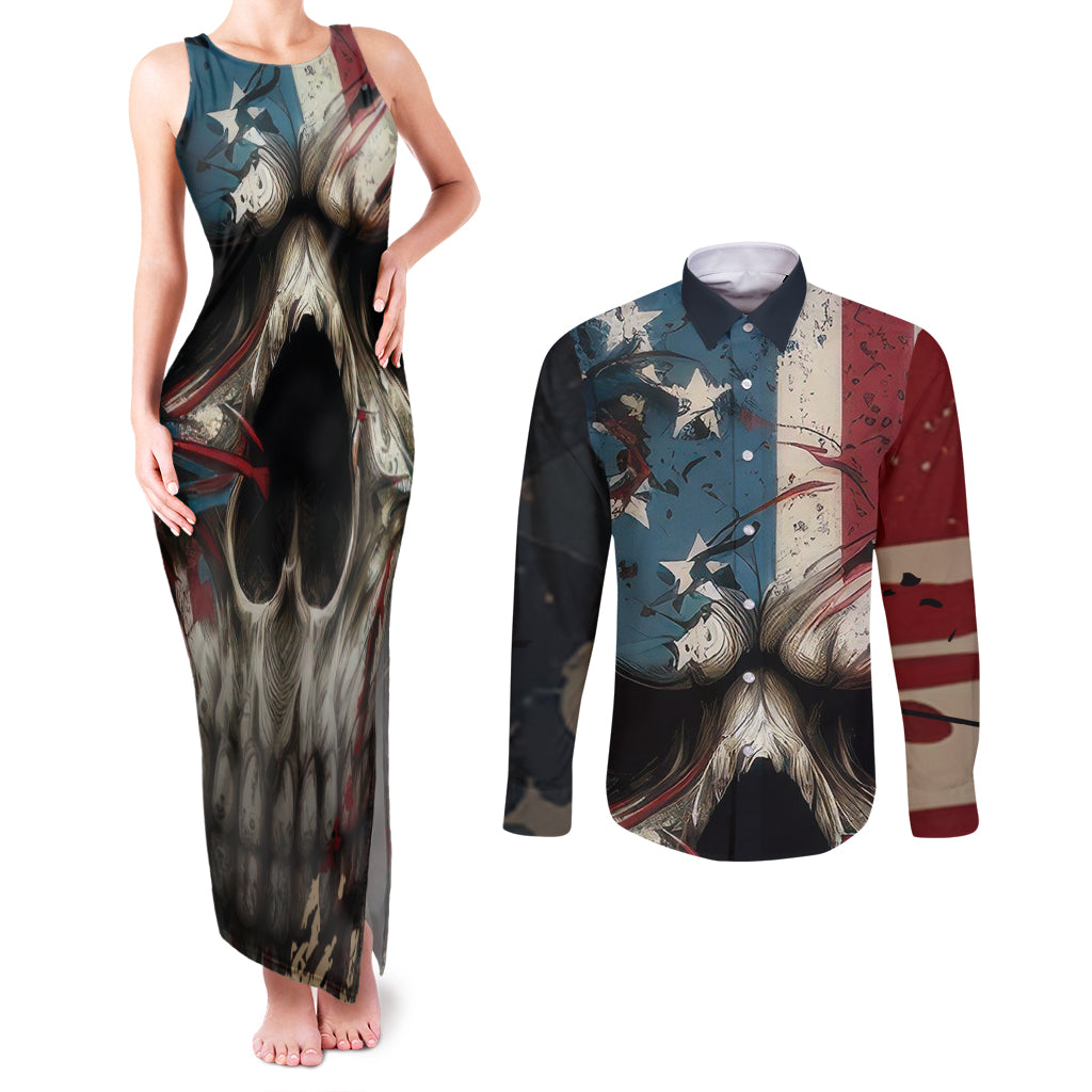 American Flag Skull Couples Matching Tank Maxi Dress and Long Sleeve Button Shirts I'm Not Anti - Social I'm Just Not User Friendly - Wonder Print Shop