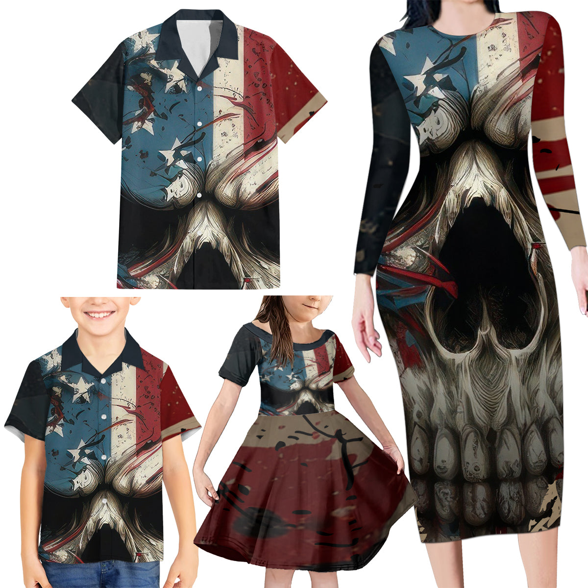 American Flag Skull Family Matching Long Sleeve Bodycon Dress and Hawaiian Shirt I'm Not Anti - Social I'm Just Not User Friendly - Wonder Print Shop