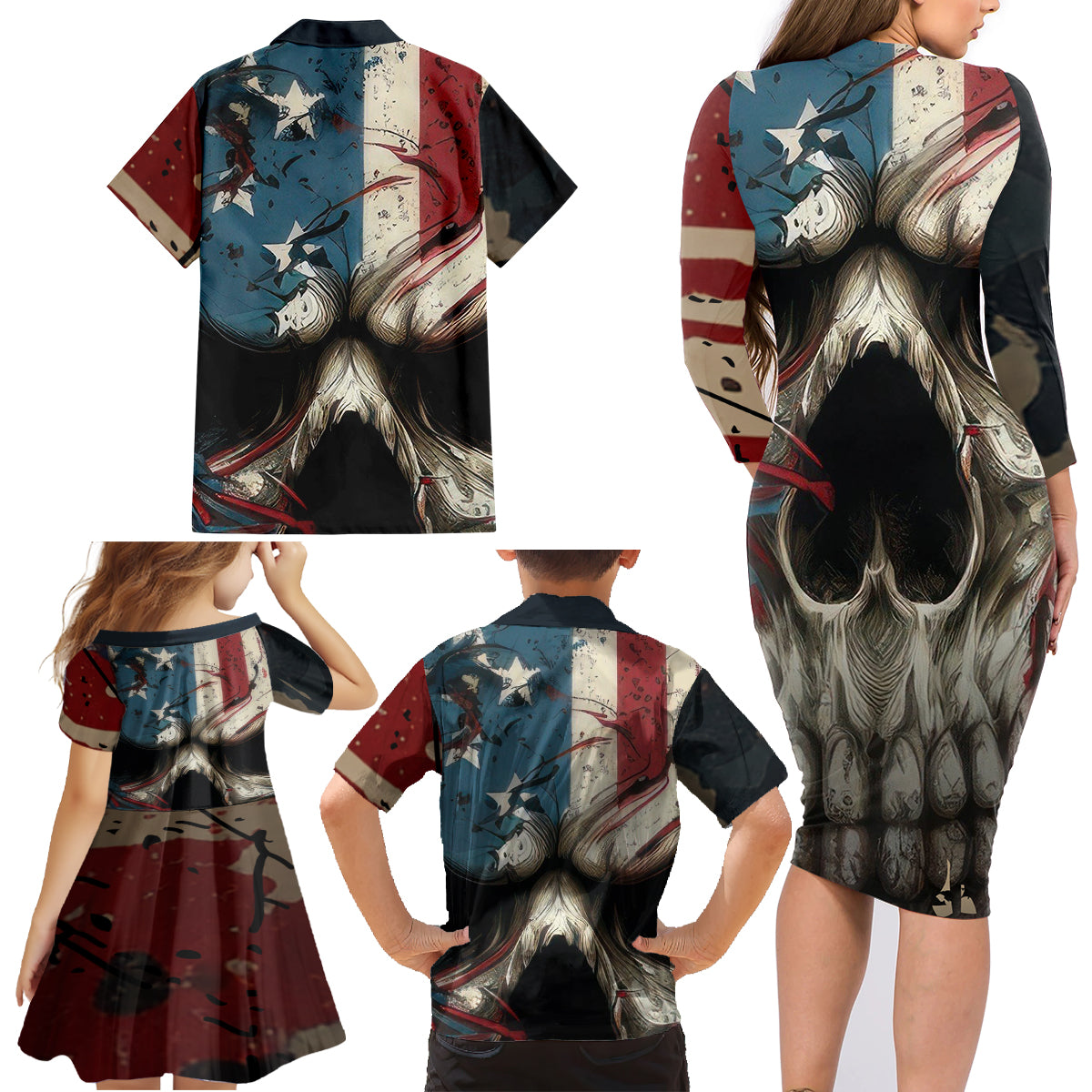 American Flag Skull Family Matching Long Sleeve Bodycon Dress and Hawaiian Shirt I'm Not Anti - Social I'm Just Not User Friendly - Wonder Print Shop
