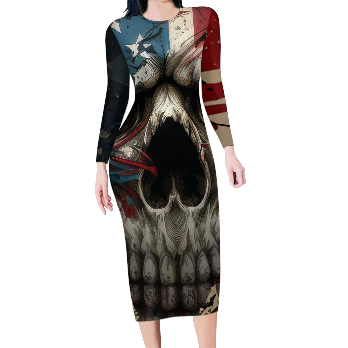 American Flag Skull Family Matching Long Sleeve Bodycon Dress and Hawaiian Shirt I'm Not Anti - Social I'm Just Not User Friendly - Wonder Print Shop