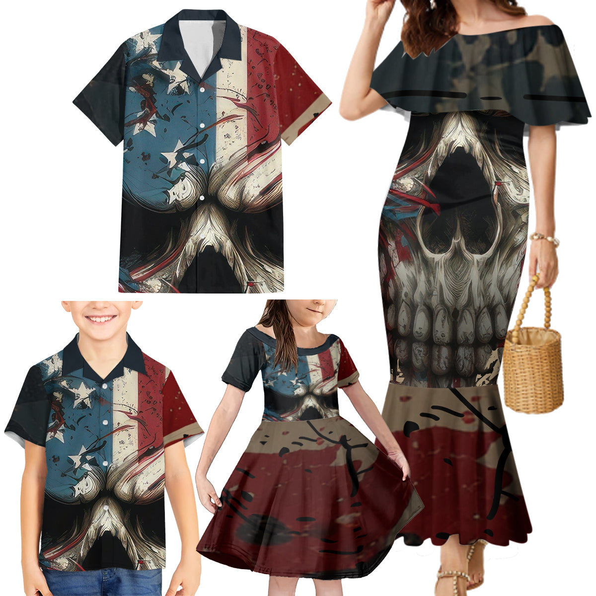 American Flag Skull Family Matching Mermaid Dress and Hawaiian Shirt I'm Not Anti - Social I'm Just Not User Friendly - Wonder Print Shop