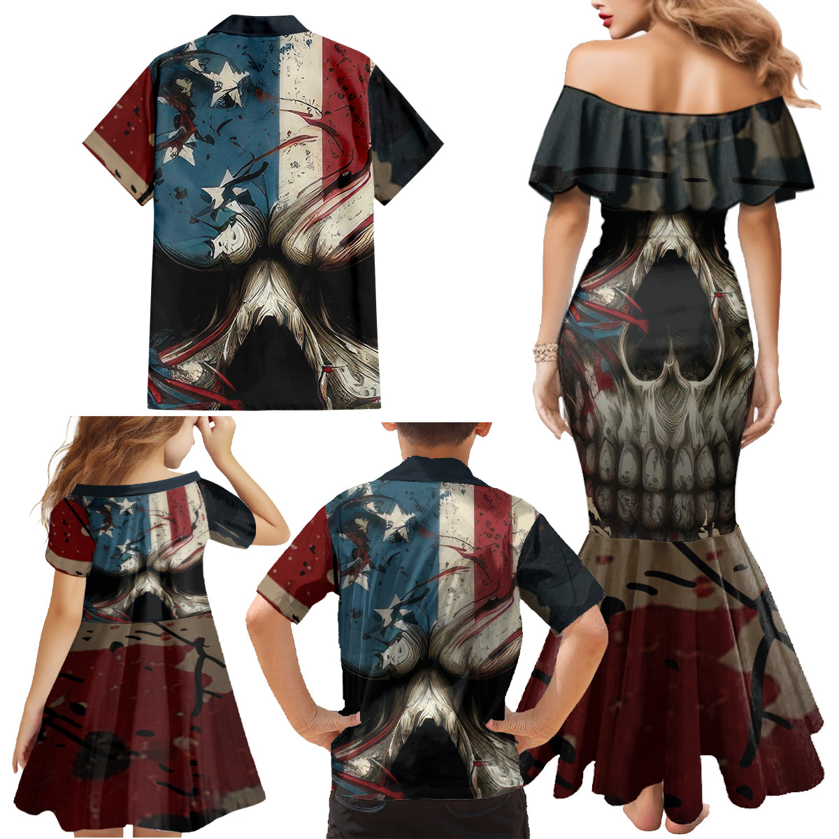 American Flag Skull Family Matching Mermaid Dress and Hawaiian Shirt I'm Not Anti - Social I'm Just Not User Friendly - Wonder Print Shop