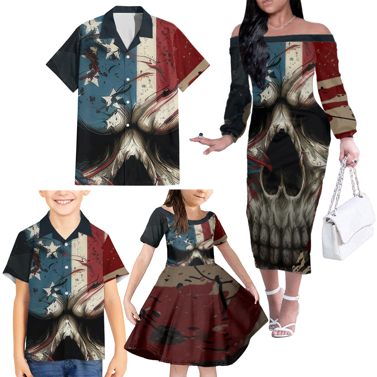 American Flag Skull Family Matching Off Shoulder Long Sleeve Dress and Hawaiian Shirt I'm Not Anti - Social I'm Just Not User Friendly - Wonder Print Shop