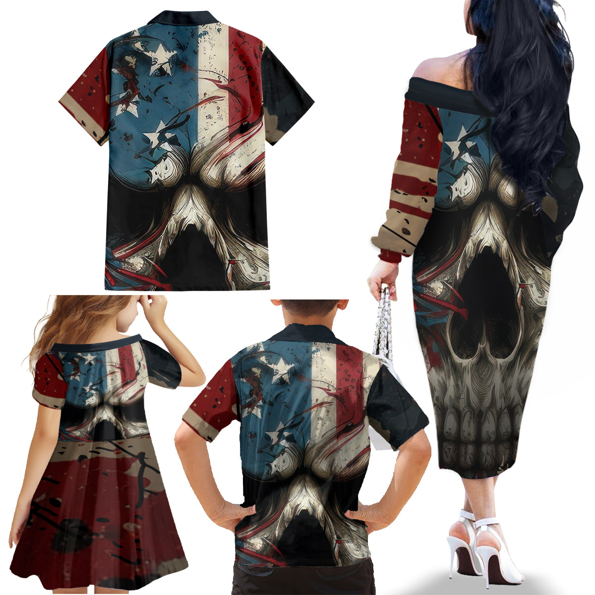 American Flag Skull Family Matching Off Shoulder Long Sleeve Dress and Hawaiian Shirt I'm Not Anti - Social I'm Just Not User Friendly - Wonder Print Shop